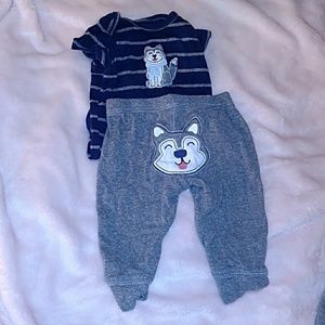 Wolf onesie and pants.